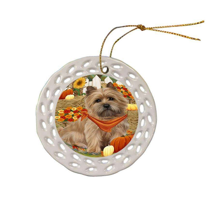 Fall Autumn Greeting Cairn Terrier Dog with Pumpkins Ceramic Doily Ornament DPOR50702