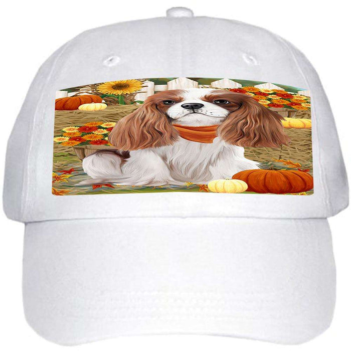 Fall Autumn Greeting Cavalier King Charles Spaniel Dog with Pumpkins Ball Hat Cap HAT55887