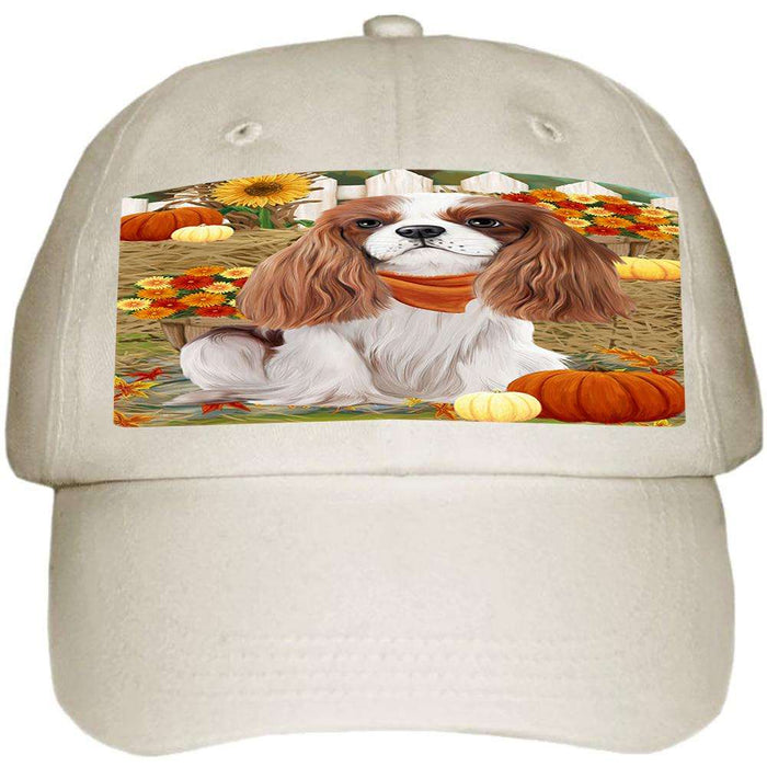 Fall Autumn Greeting Cavalier King Charles Spaniel Dog with Pumpkins Ball Hat Cap HAT55887