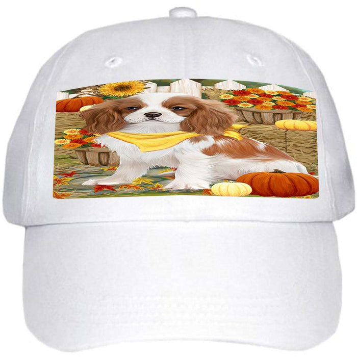 Fall Autumn Greeting Cavalier King Charles Spaniel Dog with Pumpkins Ball Hat Cap HAT55890