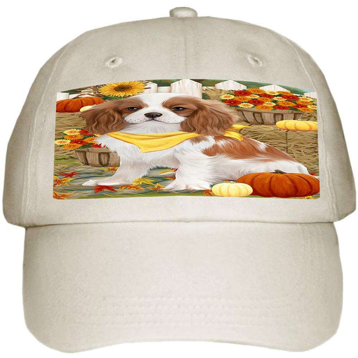 Fall Autumn Greeting Cavalier King Charles Spaniel Dog with Pumpkins Ball Hat Cap HAT55890