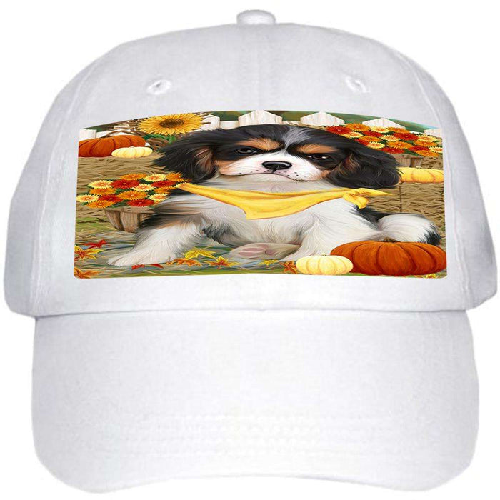 Fall Autumn Greeting Cavalier King Charles Spaniel Dog with Pumpkins Ball Hat Cap HAT55893