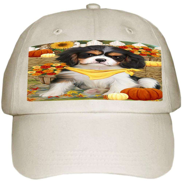 Fall Autumn Greeting Cavalier King Charles Spaniel Dog with Pumpkins Ball Hat Cap HAT55893