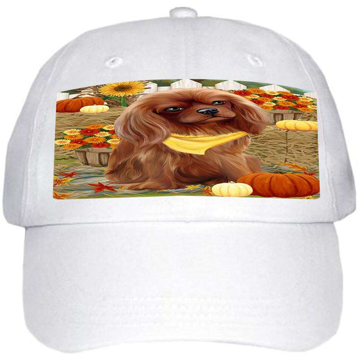 Fall Autumn Greeting Cavalier King Charles Spaniel Dog with Pumpkins Ball Hat Cap HAT55896