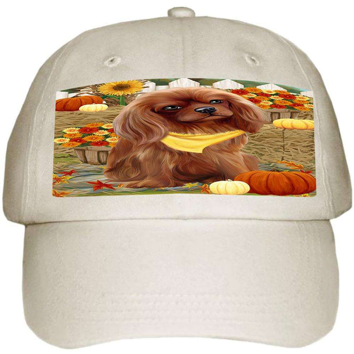 Fall Autumn Greeting Cavalier King Charles Spaniel Dog with Pumpkins Ball Hat Cap HAT55896