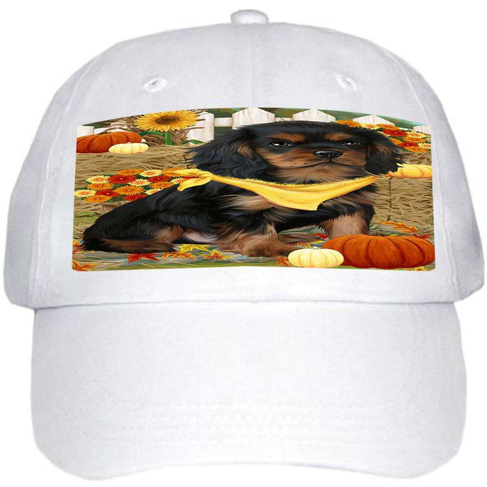 Fall Autumn Greeting Cavalier King Charles Spaniel Dog with Pumpkins Ball Hat Cap HAT55899