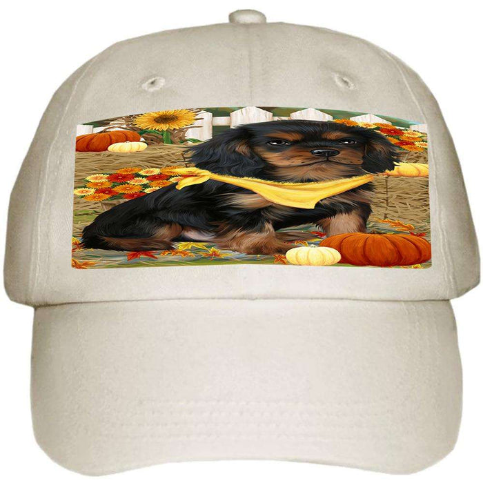 Fall Autumn Greeting Cavalier King Charles Spaniel Dog with Pumpkins Ball Hat Cap HAT55899