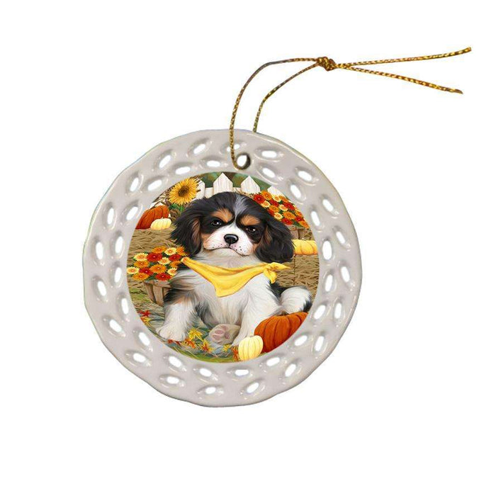 Fall Autumn Greeting Cavalier King Charles Spaniel Dog with Pumpkins Ceramic Doily Ornament DPOR50708