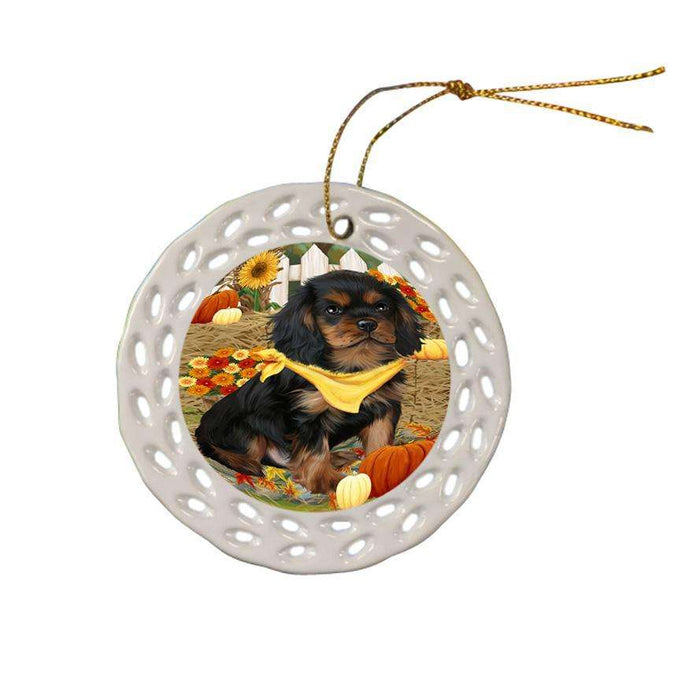 Fall Autumn Greeting Cavalier King Charles Spaniel Dog with Pumpkins Ceramic Doily Ornament DPOR50710