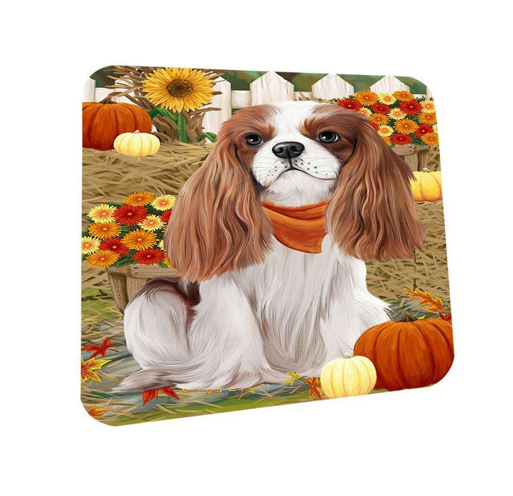 Fall Autumn Greeting Cavalier King Charles Spaniel Dog with Pumpkins Coasters Set of 4 CST50665