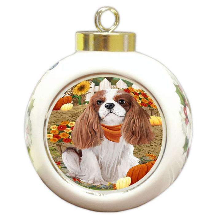 Fall Autumn Greeting Cavalier King Charles Spaniel Dog with Pumpkins Round Ball Christmas Ornament RBPOR50706