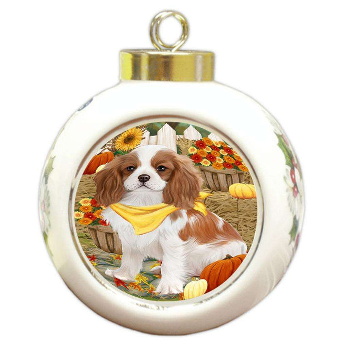 Fall Autumn Greeting Cavalier King Charles Spaniel Dog with Pumpkins Round Ball Christmas Ornament RBPOR50707
