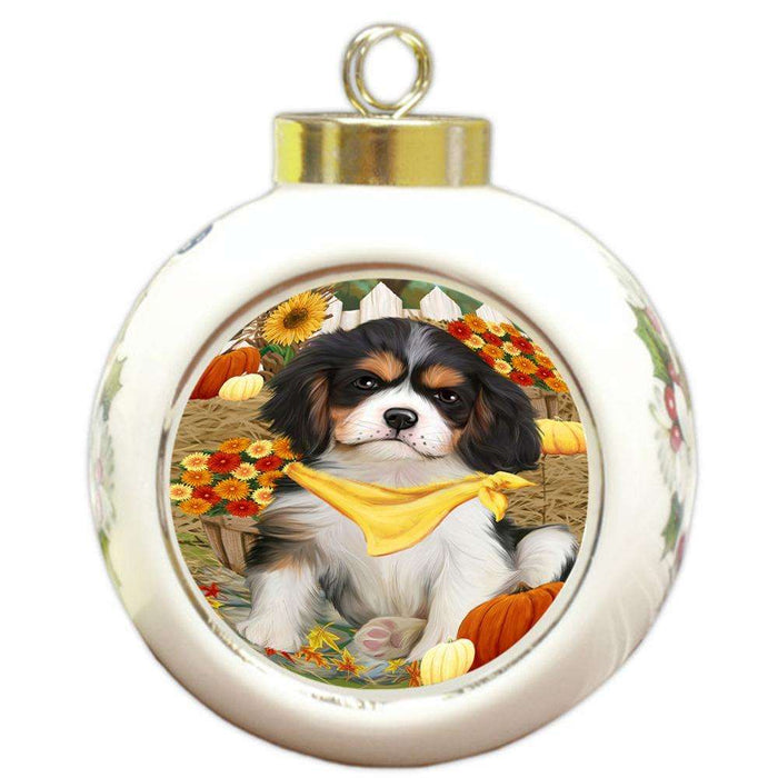 Fall Autumn Greeting Cavalier King Charles Spaniel Dog with Pumpkins Round Ball Christmas Ornament RBPOR50708