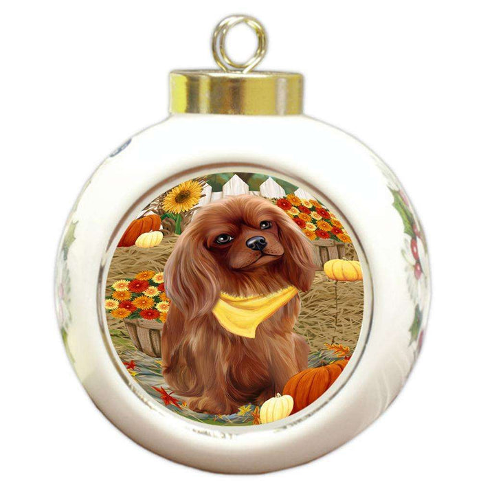 Fall Autumn Greeting Cavalier King Charles Spaniel Dog with Pumpkins Round Ball Christmas Ornament RBPOR50709