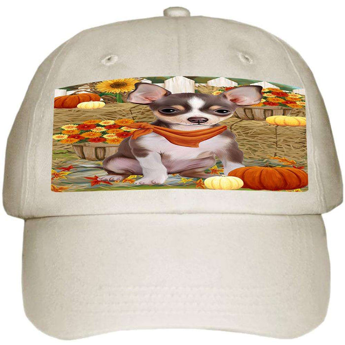 Fall Autumn Greeting Chihuahua Dog with Pumpkins Ball Hat Cap HAT55914
