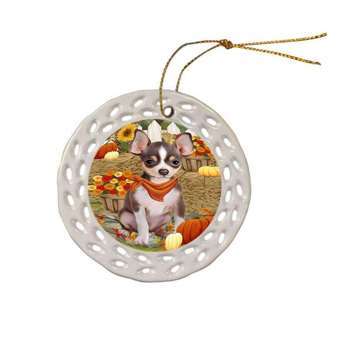 Fall Autumn Greeting Chihuahua Dog with Pumpkins Ceramic Doily Ornament DPOR50715