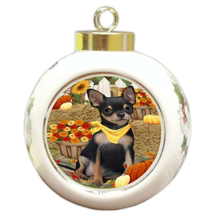 Fall Autumn Greeting Chihuahua Dog with Pumpkins Round Ball Christmas Ornament RBPOR50716