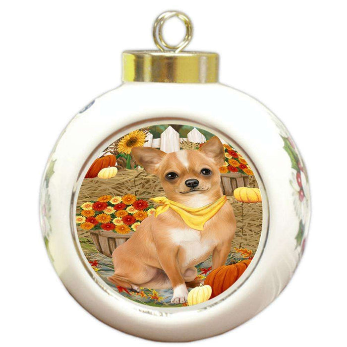 Fall Autumn Greeting Chihuahua Dog with Pumpkins Round Ball Christmas Ornament RBPOR50717