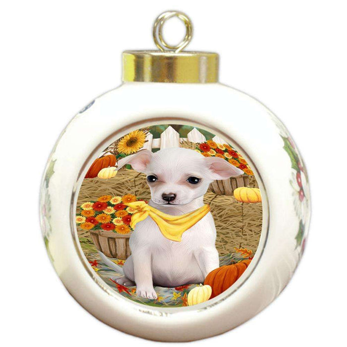 Fall Autumn Greeting Chihuahua Dog with Pumpkins Round Ball Christmas Ornament RBPOR50718