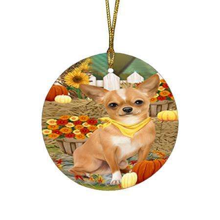 Fall Autumn Greeting Chihuahua Dog with Pumpkins Round Flat Christmas Ornament RFPOR50708