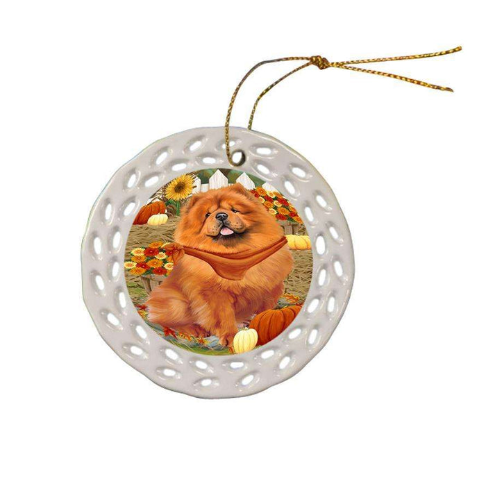 Fall Autumn Greeting Chow Chow Dog with Pumpkins Ceramic Doily Ornament DPOR50720
