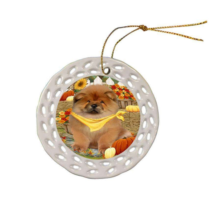 Fall Autumn Greeting Chow Chow Dog with Pumpkins Ceramic Doily Ornament DPOR50722