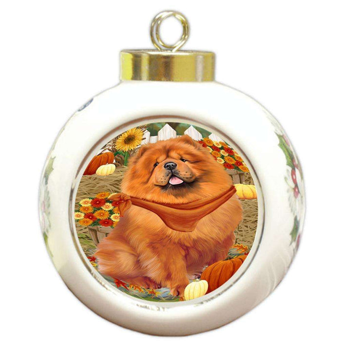 Fall Autumn Greeting Chow Chow Dog with Pumpkins Round Ball Christmas Ornament RBPOR50720