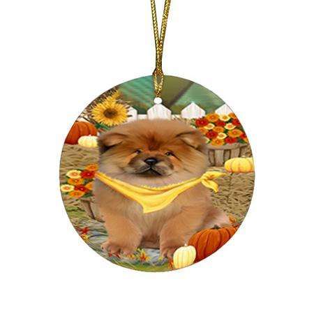 Fall Autumn Greeting Chow Chow Dog with Pumpkins Round Flat Christmas Ornament RFPOR50713