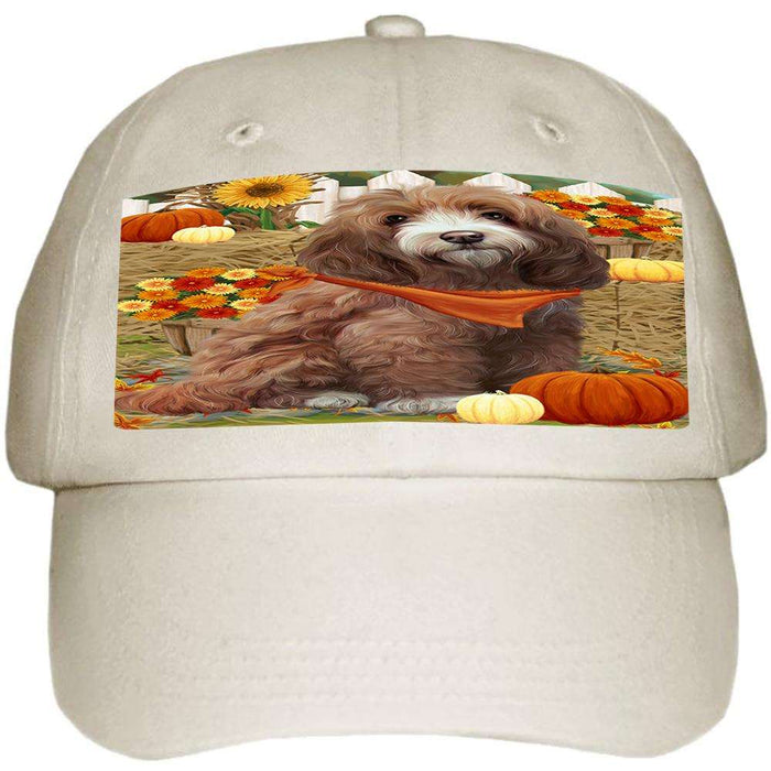 Fall Autumn Greeting Cockapoo Dog with Pumpkins Ball Hat Cap HAT60681