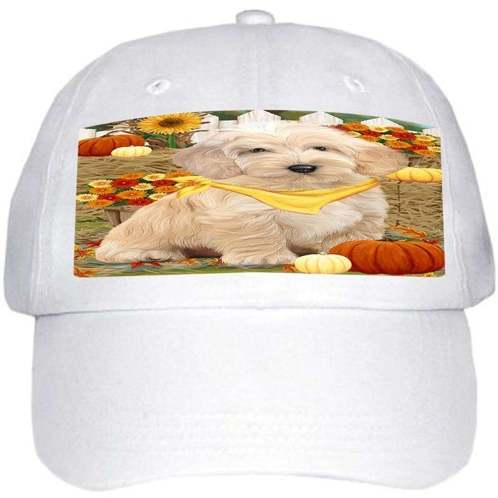 Fall Autumn Greeting Cockapoo Dog with Pumpkins Ball Hat Cap HAT60684