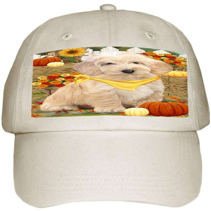 Fall Autumn Greeting Cockapoo Dog with Pumpkins Ball Hat Cap HAT60684