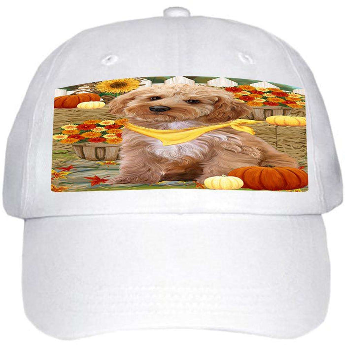 Fall Autumn Greeting Cockapoo Dog with Pumpkins Ball Hat Cap HAT60687