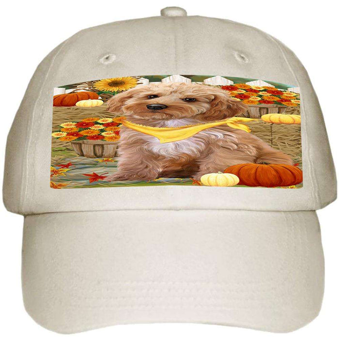 Fall Autumn Greeting Cockapoo Dog with Pumpkins Ball Hat Cap HAT60687