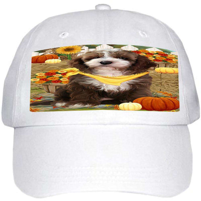 Fall Autumn Greeting Cockapoo Dog with Pumpkins Ball Hat Cap HAT60693