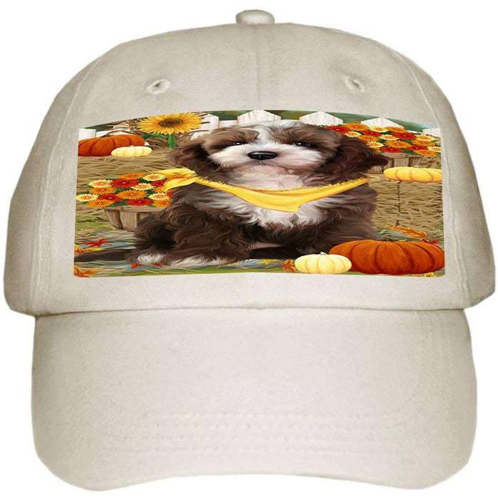 Fall Autumn Greeting Cockapoo Dog with Pumpkins Ball Hat Cap HAT60693