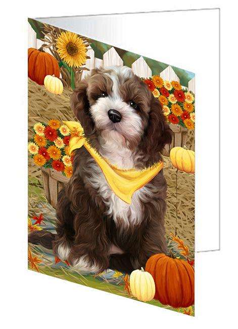 Fall Autumn Greeting Cockapoo Dog with Pumpkins Handmade Artwork Assorted Pets Greeting Cards and Note Cards with Envelopes for All Occasions and Holiday Seasons GCD60989