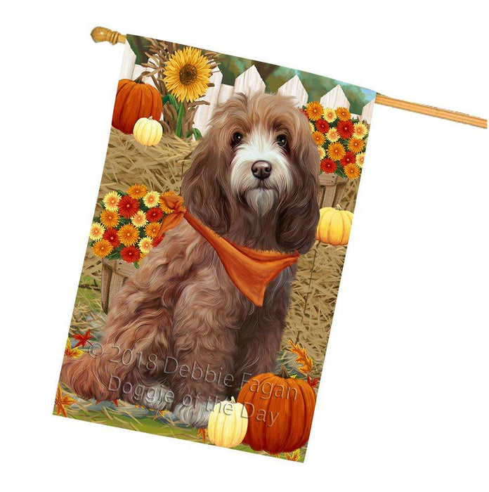 Fall Autumn Greeting Cockapoo Dog with Pumpkins House Flag FLG52397