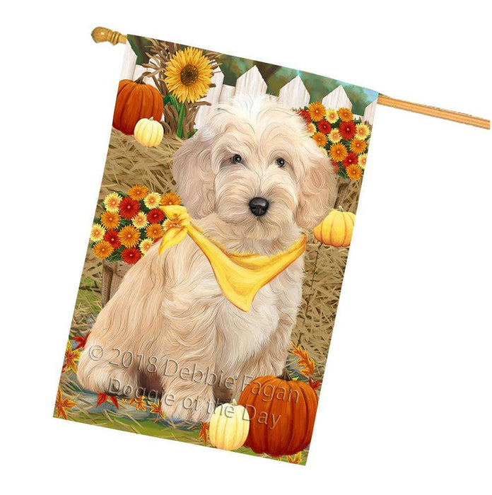 Fall Autumn Greeting Cockapoo Dog with Pumpkins House Flag FLG52398