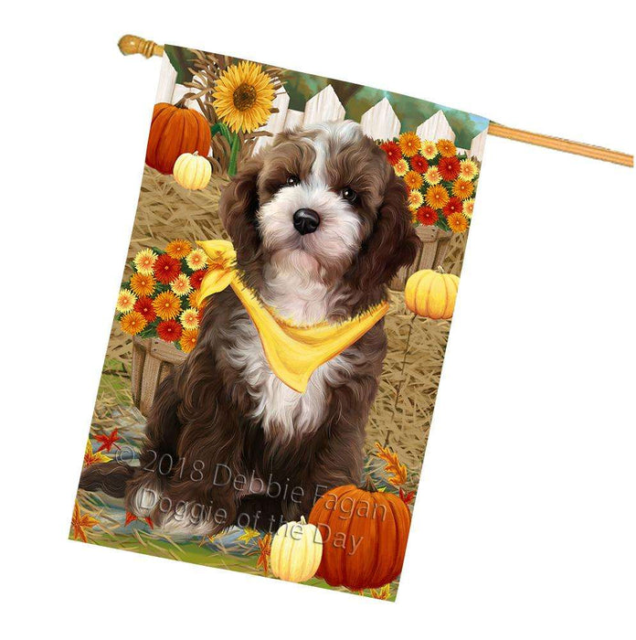 Fall Autumn Greeting Cockapoo Dog with Pumpkins House Flag FLG52401