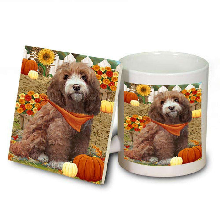 Fall Autumn Greeting Cockapoo Dog with Pumpkins Mug and Coaster Set MUC52308