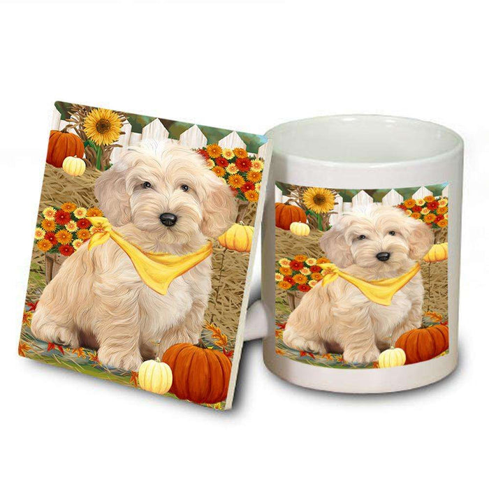 Fall Autumn Greeting Cockapoo Dog with Pumpkins Mug and Coaster Set MUC52309