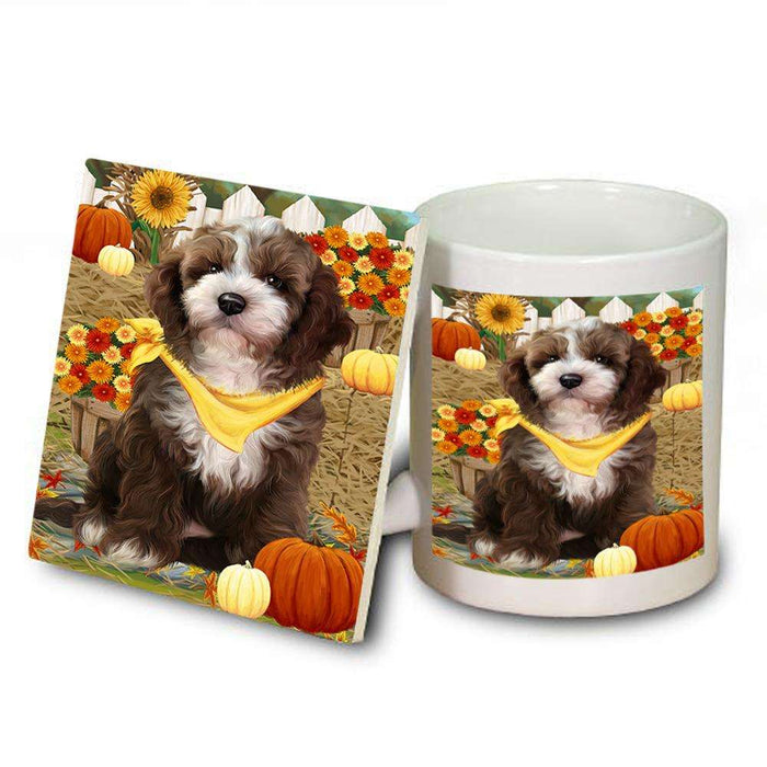 Fall Autumn Greeting Cockapoo Dog with Pumpkins Mug and Coaster Set MUC52312