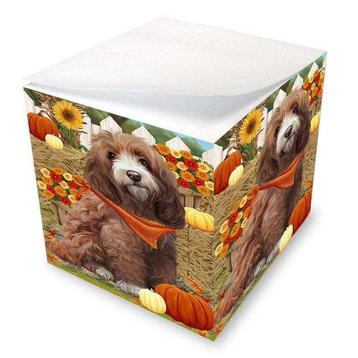 Fall Autumn Greeting Cockapoo Dog with Pumpkins Note Cube NOC52316