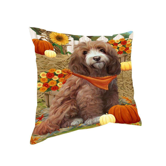 Fall Autumn Greeting Cockapoo Dog with Pumpkins Pillow PIL65420