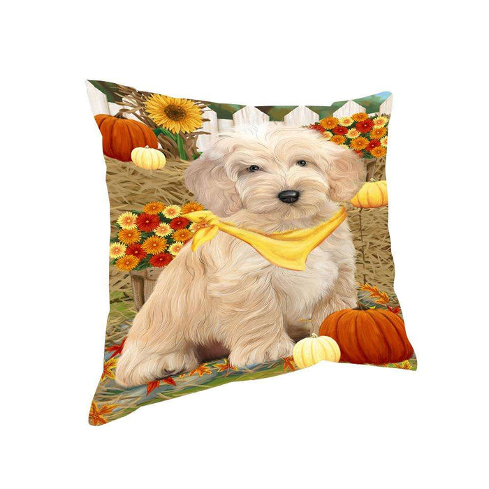 Fall Autumn Greeting Cockapoo Dog with Pumpkins Pillow PIL65424