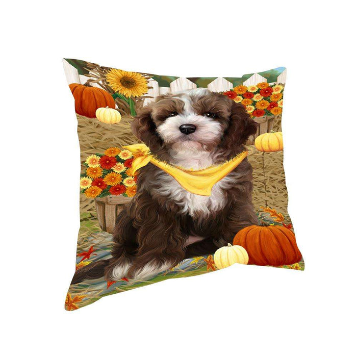 Fall Autumn Greeting Cockapoo Dog with Pumpkins Pillow PIL65436