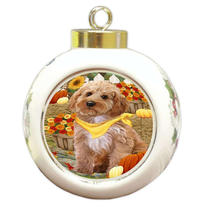 Fall Autumn Greeting Cockapoo Dog with Pumpkins Round Ball Christmas Ornament RBPOR52318