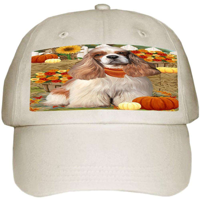 Fall Autumn Greeting Cocker Spaniel Dog with Pumpkins Ball Hat Cap HAT60696