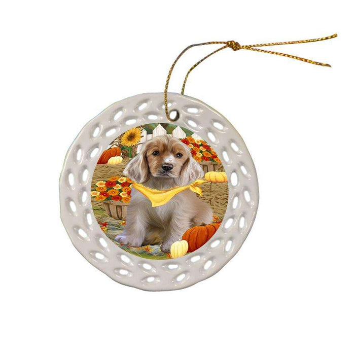 Fall Autumn Greeting Cocker Spaniel Dog with Pumpkins Ceramic Doily Ornament DPOR52325