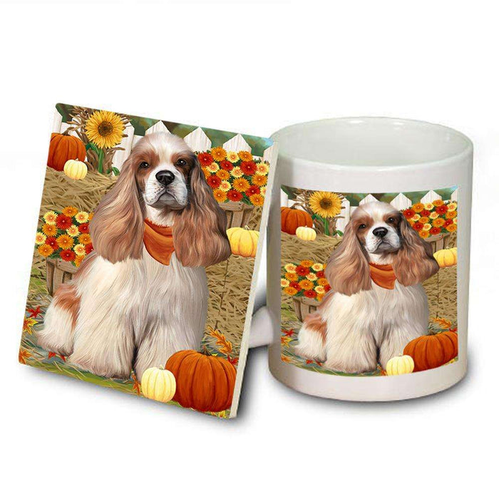 Fall Autumn Greeting Cocker Spaniel Dog with Pumpkins Mug and Coaster Set MUC52313